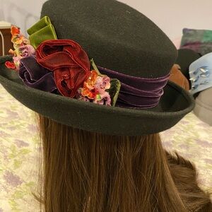 Elegant Black Hat with Colorful Velvet Floral Accents